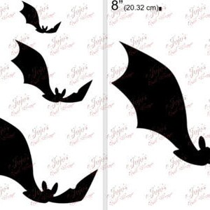 May include: A set of five black bat silhouette stencils in various sizes, ranging from 5 cm to 20 cm. The stencils are on a white background.