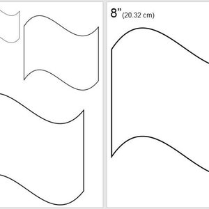 Puede incluir: Cuatro plantillas de líneas onduladas en blanco y negro para cortar tela. Las plantillas tienen 5,08 cm, 10,16 cm, 15,24 cm y 20,32 cm de ancho. El texto "Jojo's Quilt Shoppe" está en la esquina inferior derecha.