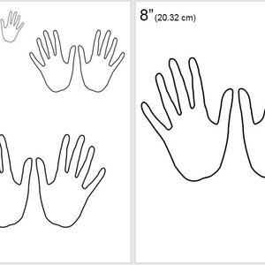 Op de afbeelding: Zwarte omtrek handafdruk sjablonen in verschillende maten: 5,08 cm, 10,16 cm, 15,24 cm en 20,32 cm. De afbeelding bevat de tekst "Jojo's Quilt Shoppe".