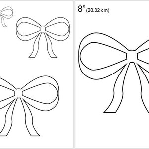 Puede incluir: Una plantilla imprimible para hacer cuatro tamaños diferentes de lazos. Los tamaños son 2 pulgadas, 4 pulgadas, 6 pulgadas y 8 pulgadas. La plantilla es en blanco y negro.