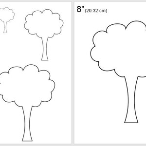 Puede incluir: Cuatro plantillas de árboles en blanco y negro, de diferentes tamaños. Los árboles miden 5,08 cm, 10,16 cm, 15,24 cm y 20,32 cm de alto. La imagen incluye el texto "Jojo's Quilt Shoppe".