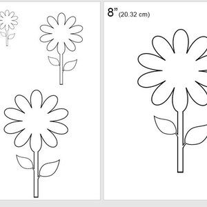 May include: A printable template for a flower with 8 petals, with sizes ranging from 2 inches to 8 inches. The template is black and white and includes a stem and two leaves.