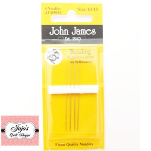 May include: A package of four John James beading needles, size 10/13, on a yellow background. The package says "Finest Quality Needles".