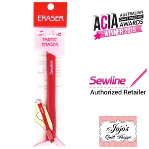 May include: Red Sewline Fabric Eraser in a clear plastic package. The package has a pink label with the text "Sewline Fabric Eraser" and the text "ERASER" on a red label. The package is labeled as an "ACIA Winner 2015" and an "Authorized Retailer".