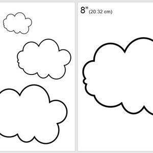 Puede incluir: Formas de nubes imprimibles en cuatro tamaños: 5 cm, 10 cm, 15 cm y 20 cm. Las formas están delineadas en negro y listas para recortar.