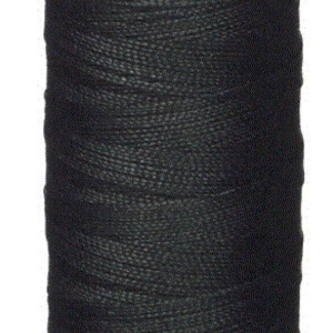 May include: A spool of black Gütermann thread. The spool has a white top and bottom with the brand name printed on the top. The thread is tightly wound around the spool, showcasing its texture and color. The thread is labeled 'Polyester M 780'.