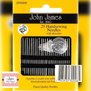 May include: A yellow package of 25 handsewing needles with a threader. The package is labeled "John James Est. 1840" and features a silver emblem of a bird. The barcode is 83932 30006.