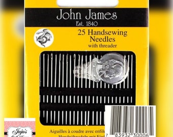 Hand Sewing Needles with Threader (25 pcs.) by John James jj 50000 Sharps, Embroidery/Crewel, Darners Made in England