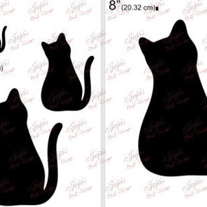 May include: Four black cat silhouette stencils in different sizes: 5 cm, 10 cm, 15 cm, and 20 cm. The stencils are on a white background.