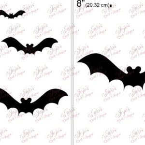 May include: Four black bat silhouettes in different sizes, ranging from 2 inches to 8 inches. The bats are on a white background with a repeating pattern of the word "Jojo's".