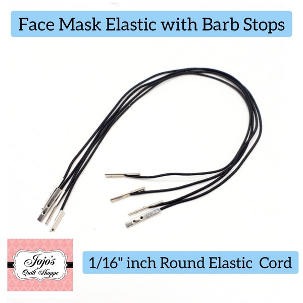 Elastic Fasteners with metal barbs at each end for DIY Masks, Black Round cord Elastic with Metal Stop.  10" inches long, Mask Elastic