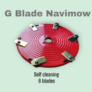 May include: Red self-cleaning lawnmower blade with six blades and a black center. The blade is labeled "G Blade Navimow".