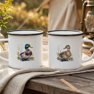 Personalized Camp Cup Mallard Duck Design Mug Matching Couple Gift Set Custom Name Enamel Camping Coffee Cup Wildlife Lover Hunting Cabin