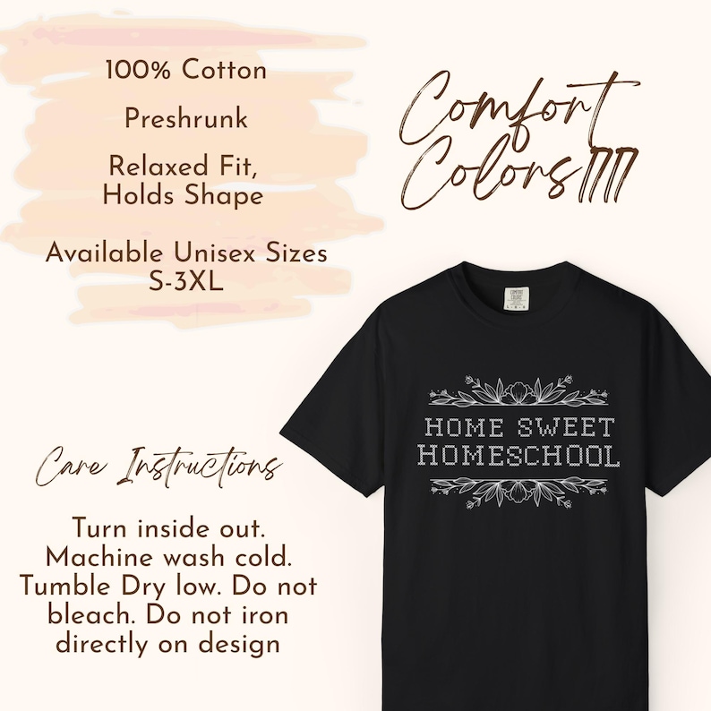 May include: Black t-shirt with the text "HOME SWEET HOMESCHOOL" in a white floral design. The shirt is made of 100% cotton, preshrunk, and has a relaxed fit. Available in unisex sizes S-3XL.