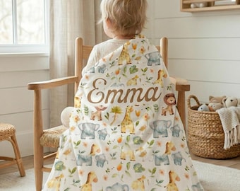 Personalized Safari Toddler Baby Blanket Wild Animals Blanket Safari Baby Shower Gift Name Keepsake Safari Nursery Sherpa Blanket