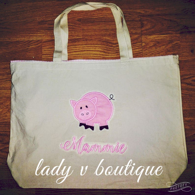 Pig Barnyard Animal Piggy Personalized Canvas Tote Bag, fully lined Choose your size image 1