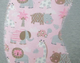 READY TO SHIP!!! Contoured Ragged Baby Flannel Burp Cloth Girly Jungle Animals pink/gray/white