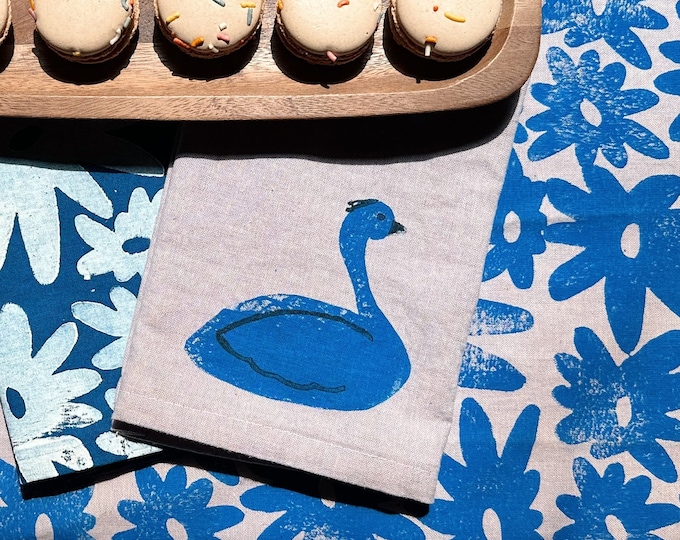 linen dinner napkins. swan on lavender. hand block printed. placemats / tea towel. coastal. boho decor. hostess or housewarming gift. birds.