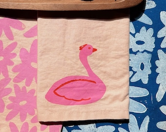 linen dinner napkins. swans on pink. hand block printed. placemats / tea towel. coastal. boho decor. hostess or housewarming gift.