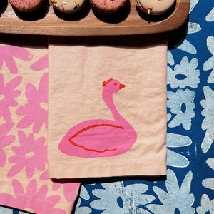 linen dinner napkins. swans on pink. hand block printed. placemats / tea towel. coastal. boho decor. hostess or housewarming gift.