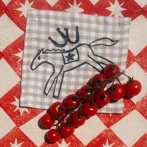 linen cocktail napkins. horse on oatmeal gingham. hand block printed. boho decor. hostess housewarming gift. pink pony club. horse. derby.