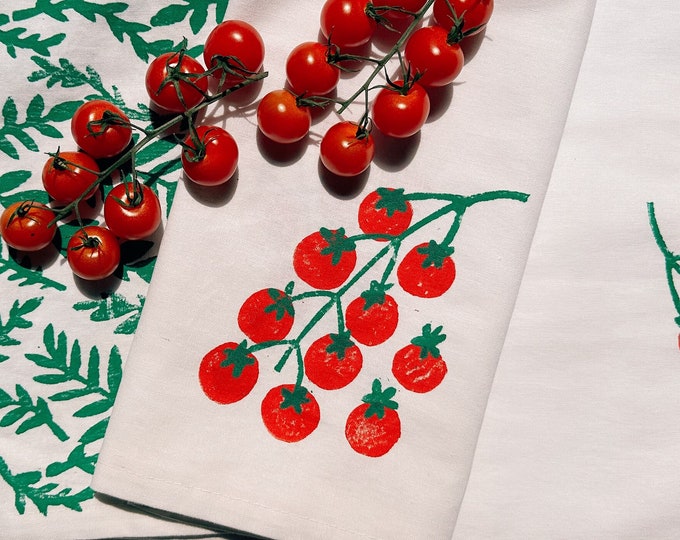 linen dinner napkins. tomatoes on white. hand block printed. placemats / tea towel. boho decor. hostess or housewarming gift. cherry tomato.