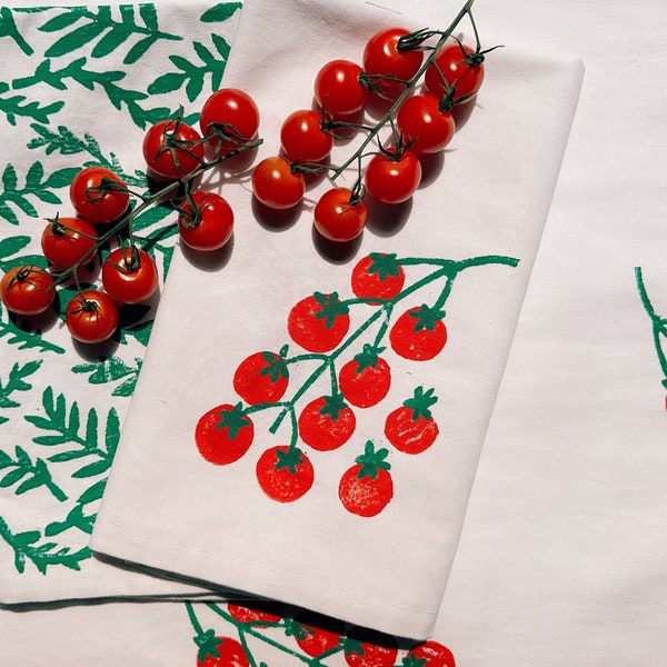 linen dinner napkins. tomatoes on white. hand block printed. placemats / tea towel. boho decor. hostess or housewarming gift. cherry tomato.