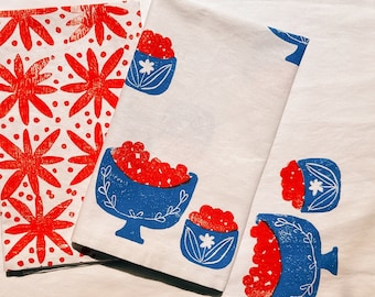 linen dinner napkins. fruit bowl. hand block printed. placemats / tea towel. blue and red. boho home. hostess or housewarming gift.