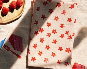 linen dinner napkins. red mini florals on blush. hand block printed. placemats / tea towel. boho decor. hostess gifting.