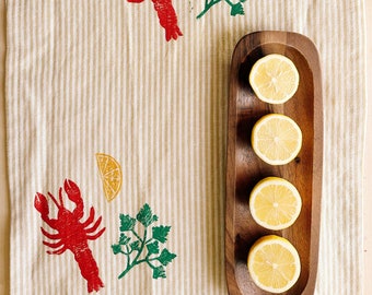 hand block printed table runner. lobster on mustard stripe. boho decor. linen tablecloth. birthday or dinner party decor.