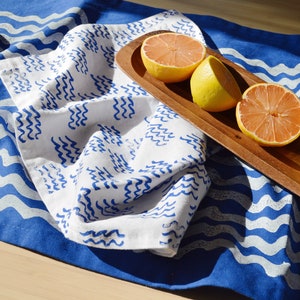 linen dinner napkins. white mini waves. hand block printed. cloth napkins / tea towel. coastal. boho decor. hostess gifting.