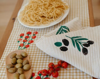 linen dinner napkins. olive toss on mustard stripe. hand block printed / placemats. boho. neutral. tabletop. cloth napkins.