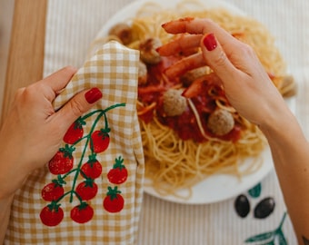 linen dinner napkins. tomatoes on gingham. hand block printed. placemats / tea towel. mustard. italy. boho home. hostess housewarming gift.