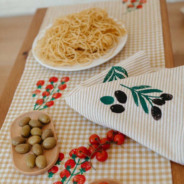 linen dinner napkins. olive toss on mustard stripe. hand block printed / placemats. boho. neutral. tabletop. cloth napkins.