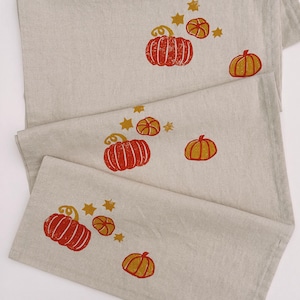 Hand Block Printed Linen Table Runner: Fairytale Pumpkins, Boho Autumn Decor