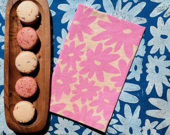 linen dinner napkins. pink floral splat. hand block printed. placemats / tea towel. boho decor. hostess or housewarming gift. retro flowers.