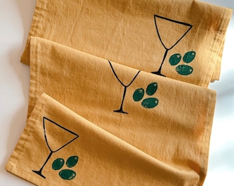 hand block printed table runner. martini on mustard. boho decor. linen tablecloth. birthday or dinner party decor.