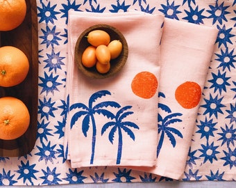 block printed linen napkins. palm sunset on pink.  placemats / tea towels. boho home decor. palm beach. coastal. pink. tropical. preppy.