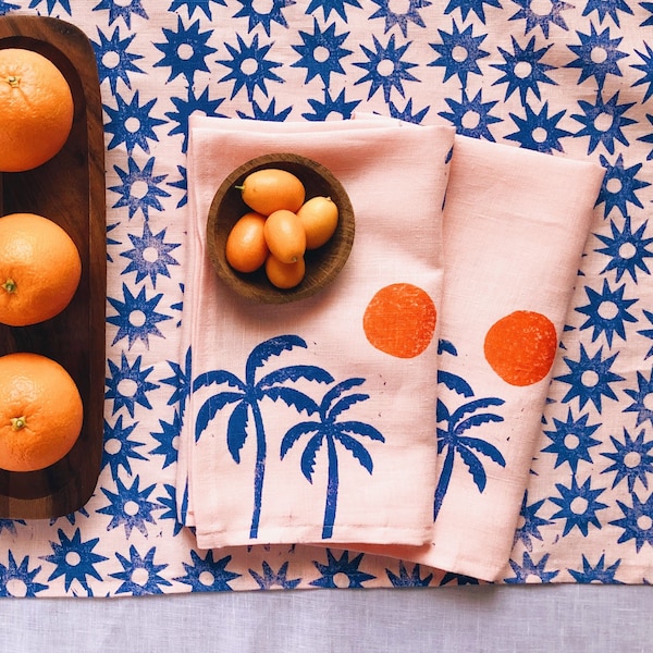 block printed linen napkins. palm sunset on pink.  placemats / tea towels. boho home decor. palm beach. coastal. pink. tropical. preppy.