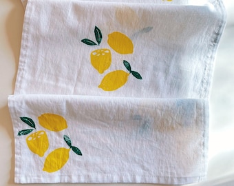 hand block printed table runner. lemon on white. boho decor. linen tablecloth. birthday or dinner party decor.