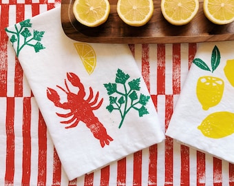 linen dinner napkins. lobster on white. hand block printed. placemats / tea towel. hostess gifting. birthday or dinner party decor.