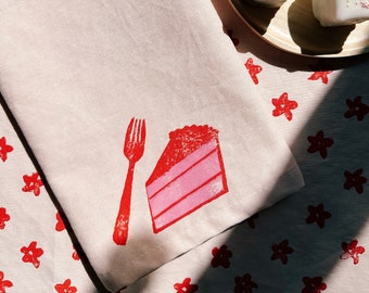 linen dinner napkins. cake on blush. hand block printed. placemats / tea towel. party. boho decor. hostess gifting. pink.