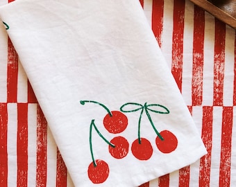 linen dinner napkins. red cherry on white. hand block printed. placemats / tea towel. hostess gifting. birthday or dinner party decor.