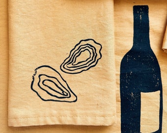 linen dinner napkins. oysters on mustard. hand block printed. placemats / tea towel. hostess gifting. birthday or dinner party decor.