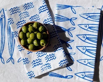 linen dinner napkins. white sardines. hand block printed. placemats / tea towel. coastal. boho decor. hostess gifting.