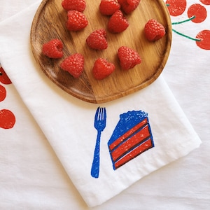 linen dinner napkins. cake on white. hand block printed. placemats / tea towel. boho decor. hostess gifting. birthday. sweet. image 1