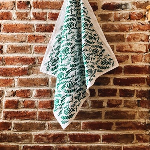 block printed tea towel. green leaves on white. organic flour sack cotton kitchen towel. ecofriendly. jungle. leaf. boho. plants. image 1