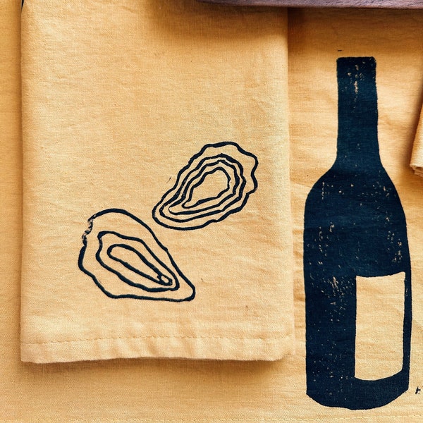 linen dinner napkins. oysters on mustard. hand block printed. placemats / tea towel. hostess gifting. birthday or dinner party decor.