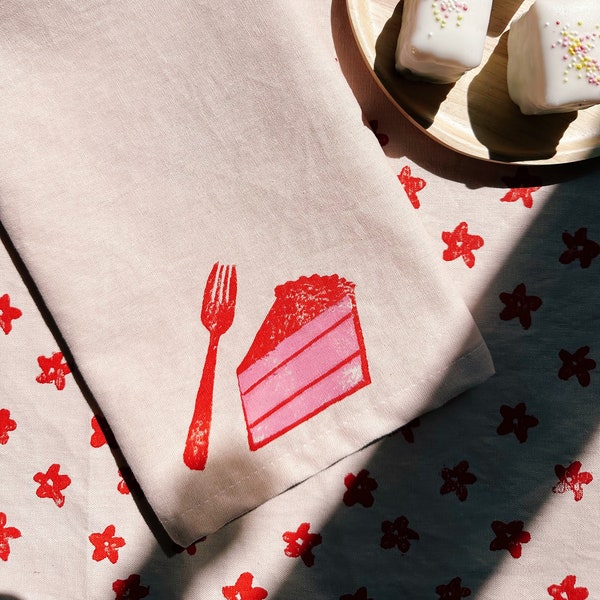 linen dinner napkins. cake on blush. hand block printed. placemats / tea towel. party. boho decor. hostess gifting. pink.