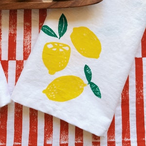 linen dinner napkins. lemons on white. hand block printed. placemats / tea towel. hostess gifting. birthday or dinner party decor. image 2